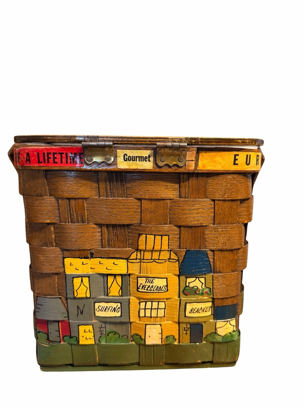 Vintage CARO NAN Signed 1960s Travel Village Wooden Basket Purse Florida Theme